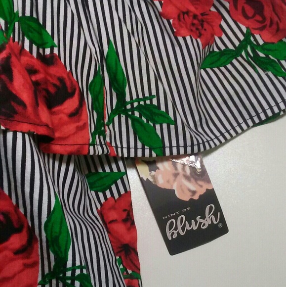 🌹Hint of Blush Pinup Striped Roses Cold Shoulder - Picture 3 of 4